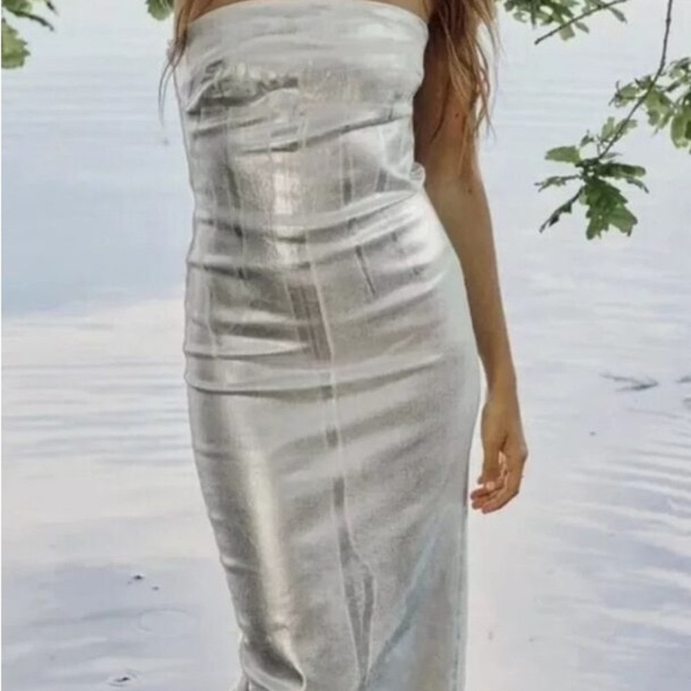 Elegant Metallic Denim Strapless Dress